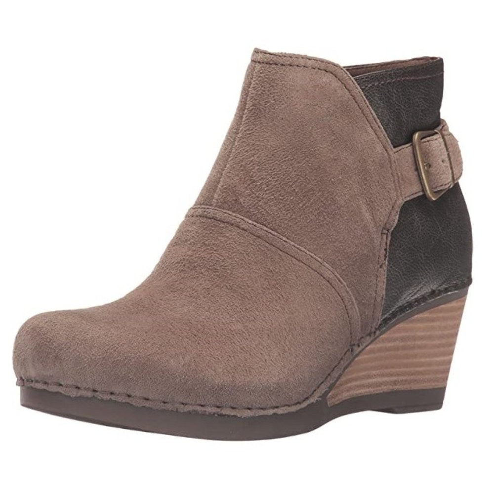 Dansko Shirley Wedge Bootie, Taupe Suede/Metallic Leather, 37 EU/6.5-7 M US